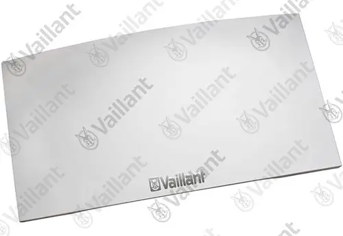 Vaillant Metall-Deckel mit Logo auf glatter Oberfläche, rechteckig gestaltet.